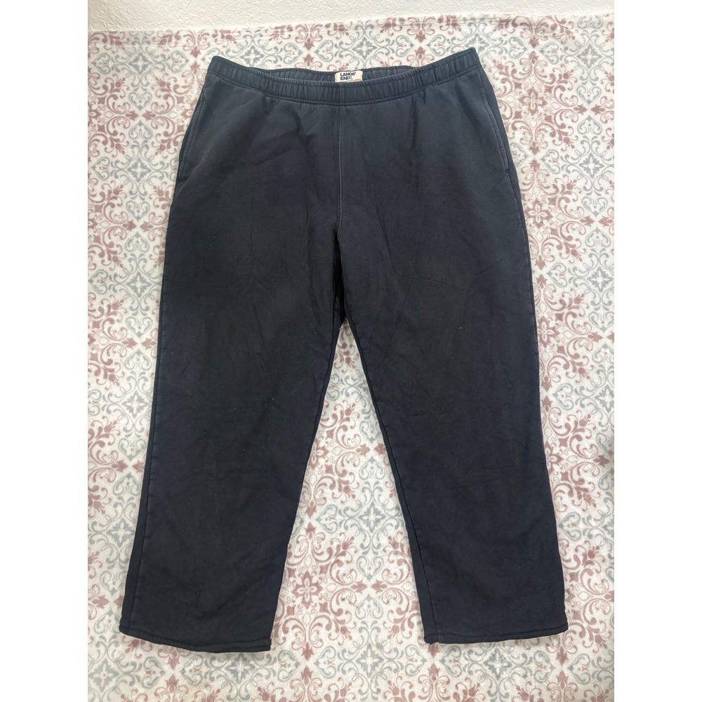 Lands End Serious Sweats Navy Blue Fleece Pants XL 40-42 Relaxed Straight Leg
